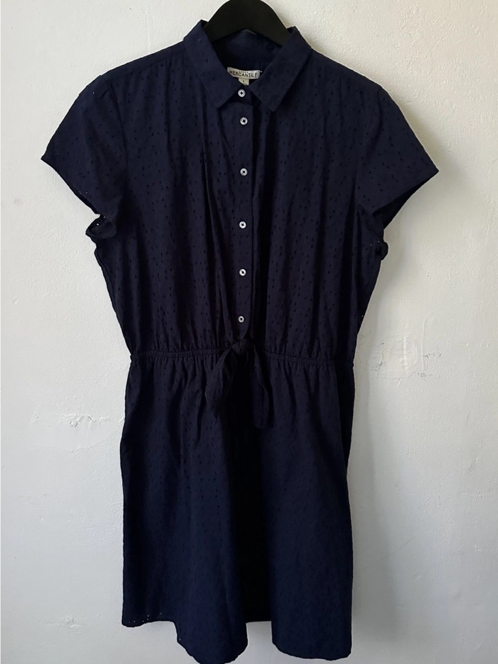 J.Crew Mercantile Women’s Eyelet Shirt Dress Navy Cotton Tie Waist NWT Large